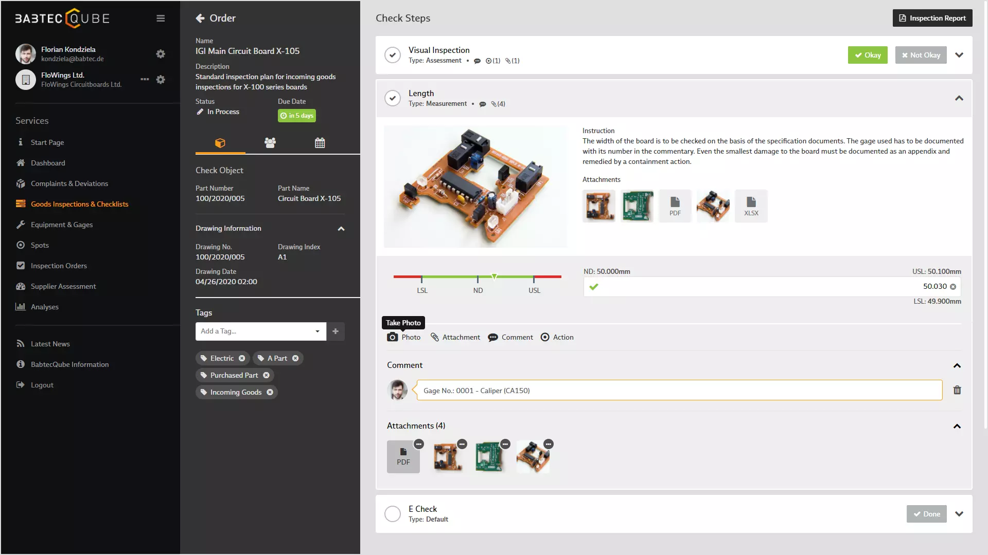 “Goods inspections & checklists” in the BabtecQube Screenshot: “Goods inspections & checklists” in the BabtecQube