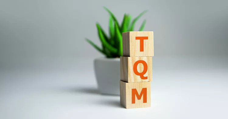 Three wooden blocks with the letters TQM